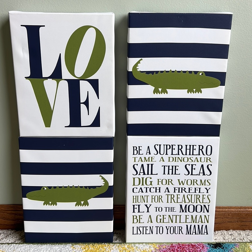 4 Piece Superhero Canvas Wall Art.  Each piece measures approximately 10”H x 8”W